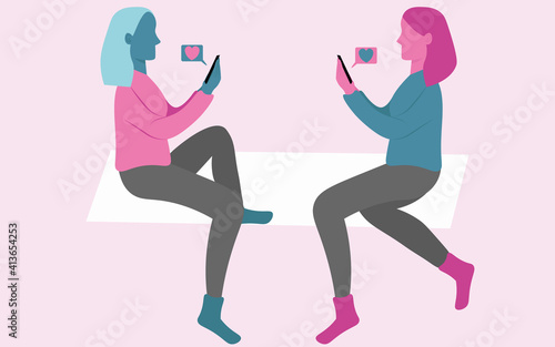 The problem of modern society. Friends at a meeting do not talk to each other, but correspond with other people through social networks in their smartphones. Internet addiction