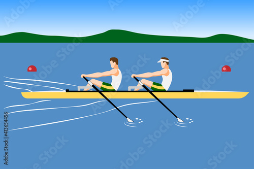 Double scull rowboat team training or competition