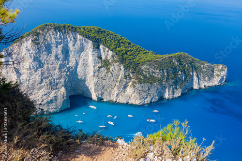 Scenic view of Navagio Bay on the island of zakintos, Greece photo