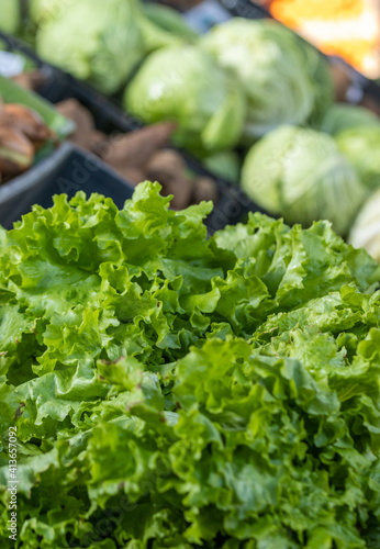 Lettuce for sale at farmers market, fresh and green, healthy food.