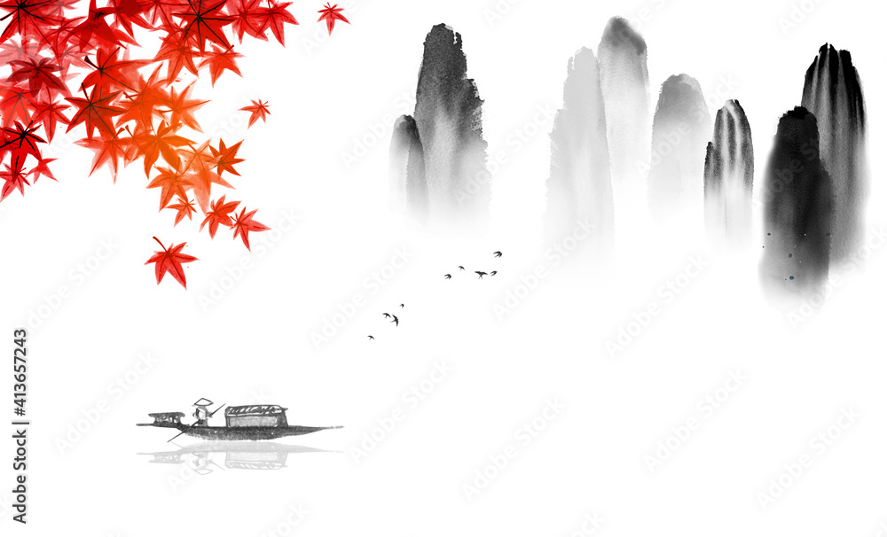 Oriental landscape with fishing boat, japanese red maple leaves