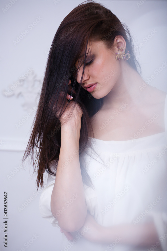 young pretty brunette woman smiling happy on white background smooth blurred, lifestyle people concept young pretty brunette woman smiling happy on white background smooth blurred, lifestyle people concept