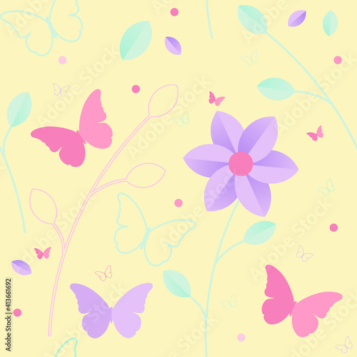 Cute flowers and butterfly on yellow background. Seamless pattern. Spring and summer. 