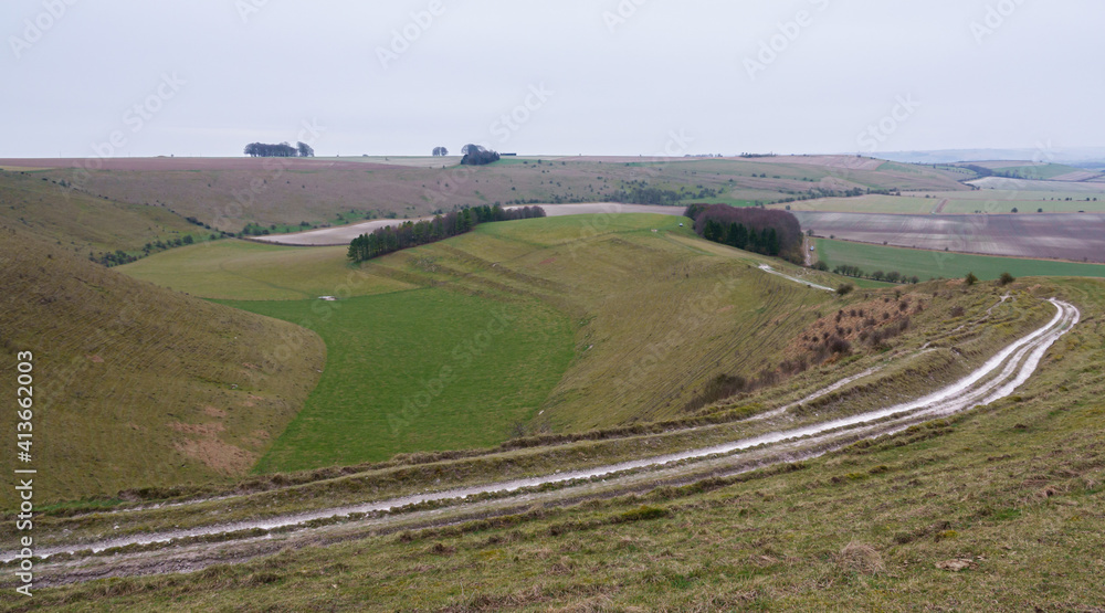 view of the up-faulted Southern edge of Pewsey Vale with copse woodland in the valley near Pewsey, Wiltshire