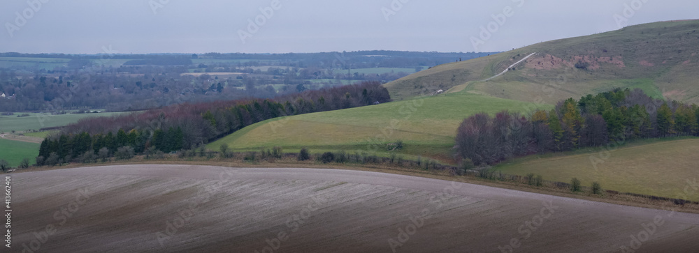 view of the Southern edge of Pewsey Vale with copse woodland in the up-faulted valley near Pewsey, Wiltshire