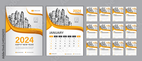 Calendar 2024 template vector, Set Desk calendar 2024, Happy new year 2024, wall calendar 2024 design, Planner 2024,  Week start on Sunday, Set of 12 Months, cover design, organizer, stationery vector