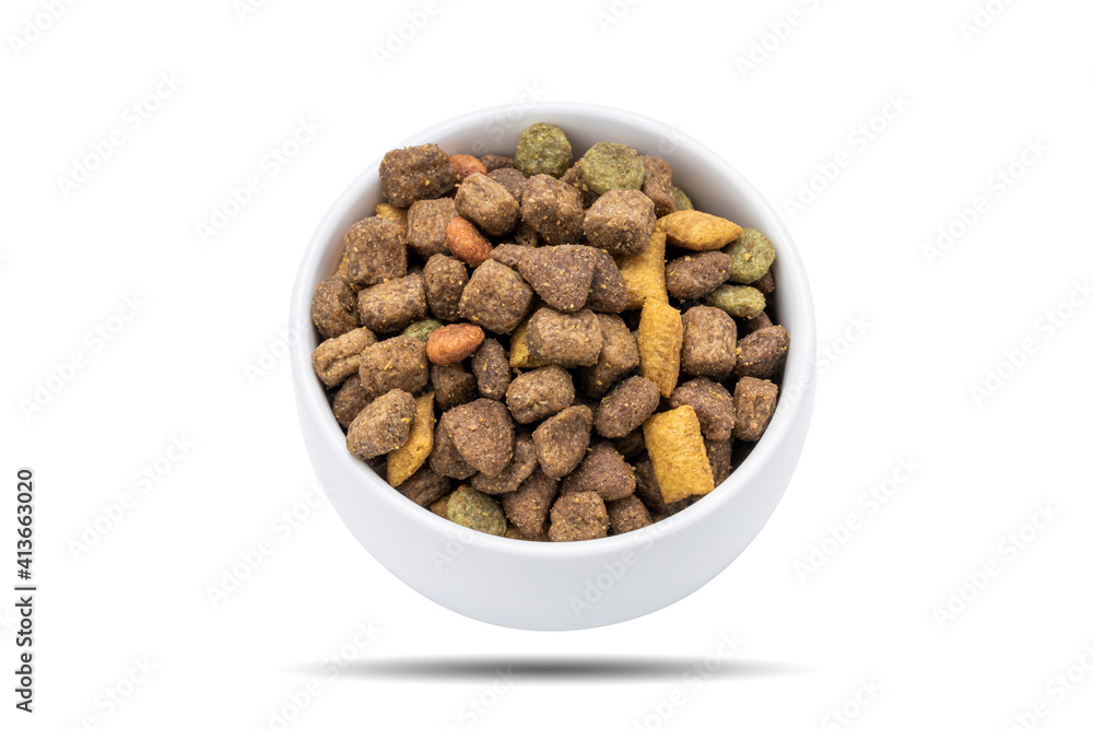domestic animals dry food isolated on white background. dried cat feed cut out. above view domestic animals dry food isolated on white background. dried cat feed cut out. above view