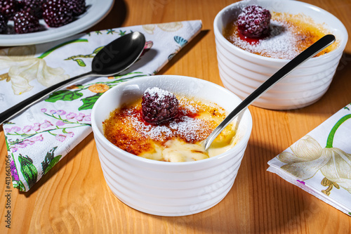 Dessert Vanilla Creme-Brulee with blackberry