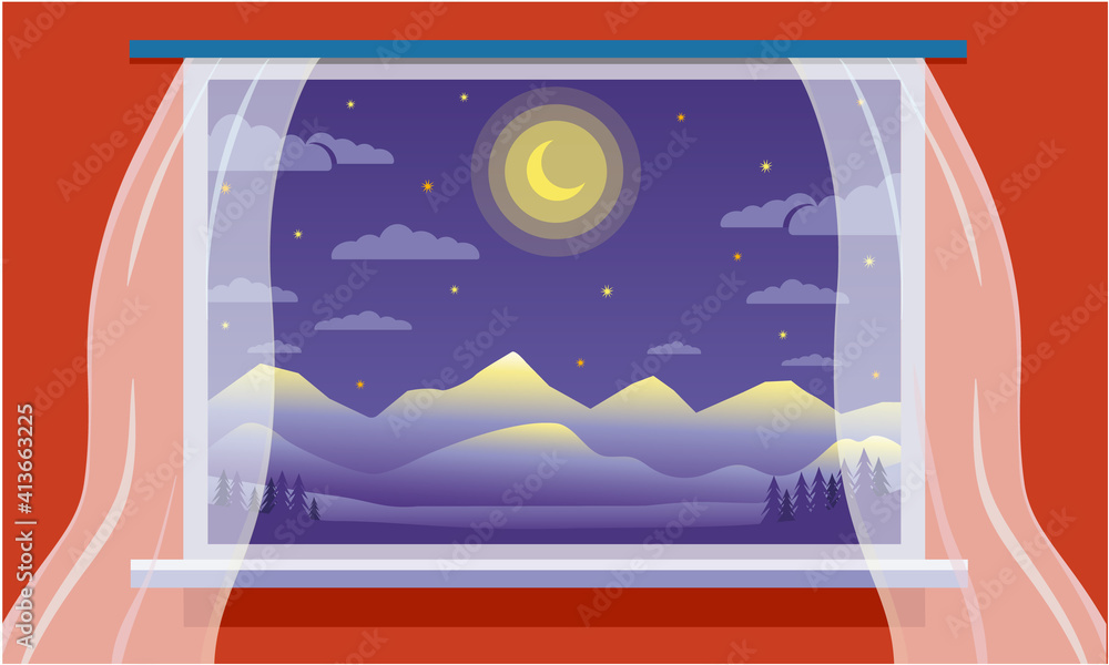 Large panoramic window from the room overlooking the night landscape with mountains. Large panoramic window from the room overlooking the night landscape with mountains.