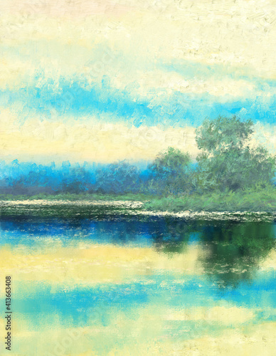 Digital oil paintings landscape, tree on river bank of lake. Fine art.