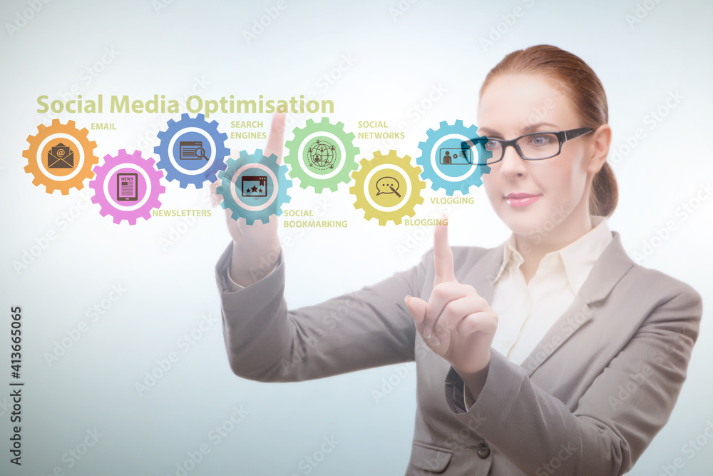 Social media optimisation concept with businesswoman Social media optimisation concept with businesswoman
