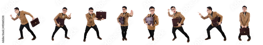 Young man with brown briefcase isolated on white Young man with brown briefcase isolated on white