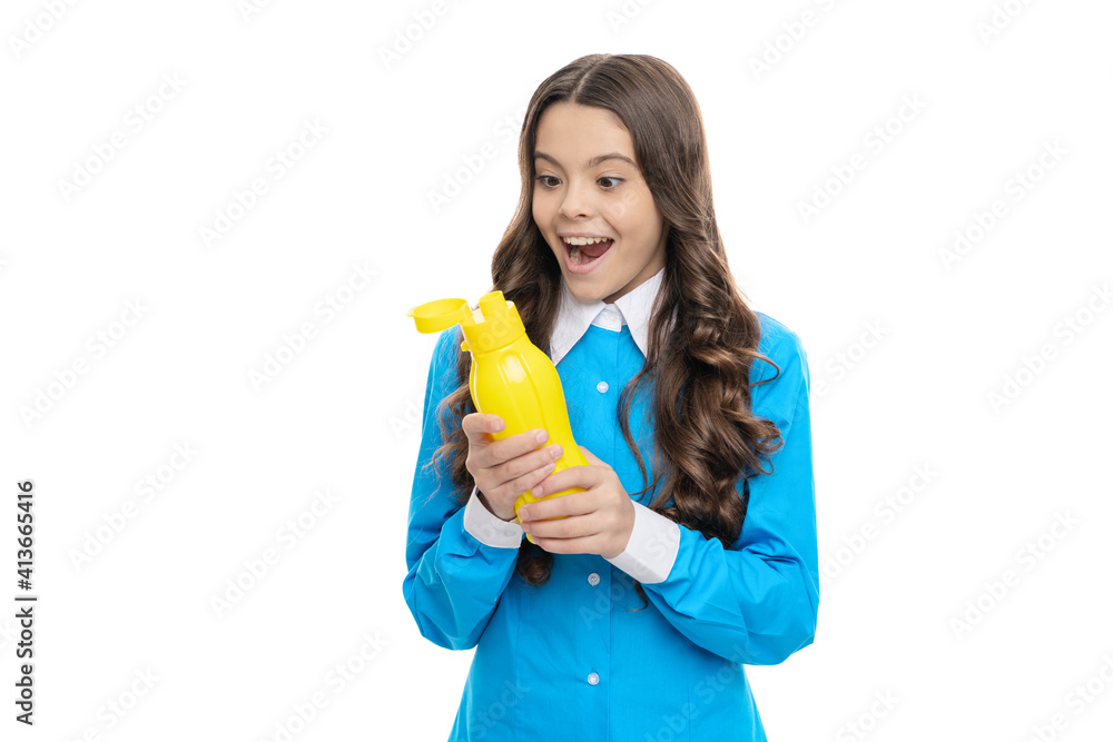 Nutrition and hydration are essential for health. Happy kid hold yogurt bottle. Healthy hydration Nutrition and hydration are essential for health. Happy kid hold yogurt bottle. Healthy hydration