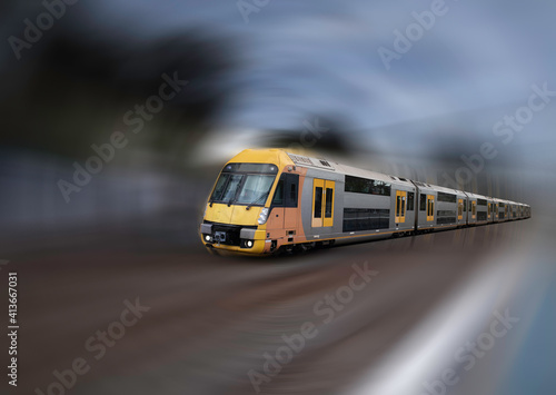 Radial motion blur Commuter Train approaching Belmore Station in Sydney NSW Australia