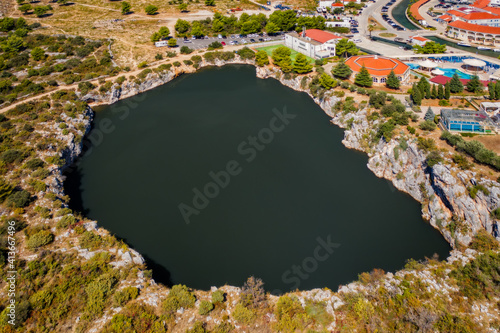 Zmajevo Oko or Dragon Eye Lake near Rogoznica from above. Aerial drone shot, september 2020 photo