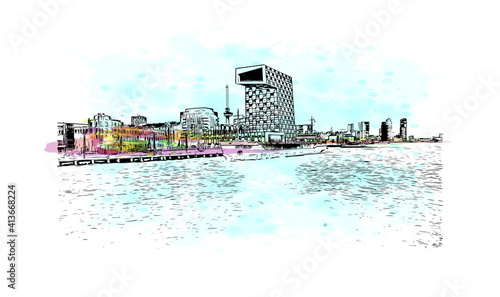 Building view with landmark of Rotterdam is the
city in the Netherlands. Watercolour splash with hand drawn sketch illustration in vector.