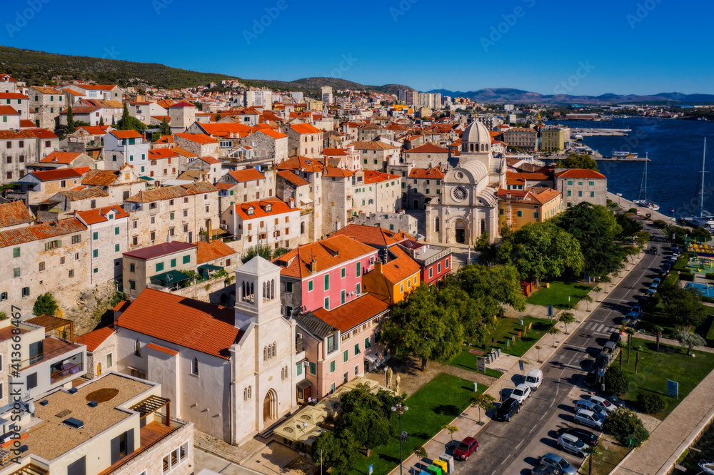 Panorama of the mediterranean city of Sibenik and cathedral of St. James. Croatia. Aerial drone shot in september 2020