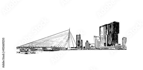 Building view with landmark of Rotterdam is the
city in the Netherlands. Hand drawn sketch illustration in vector.