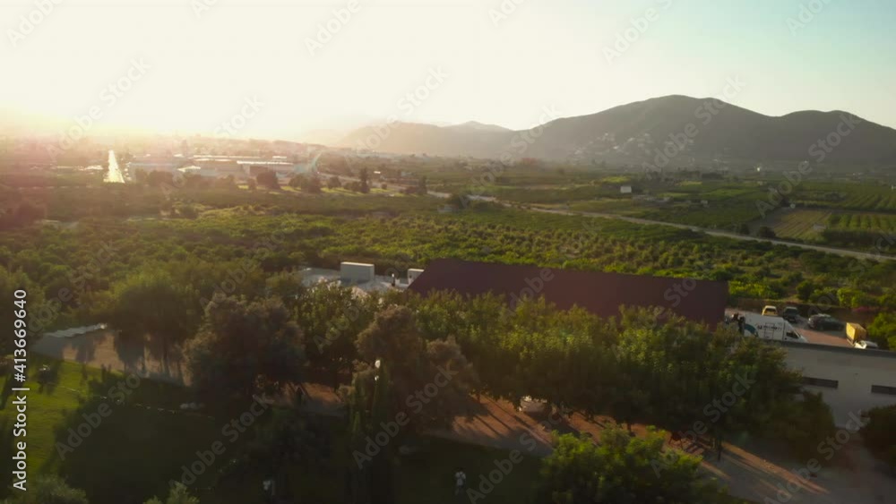 Aerial view of treelined fields at sunset in Denia, Alicante, Spain, wide angle backward shot Aerial view of treelined fields at sunset in Denia, Alicante, Spain, wide angle backward shot