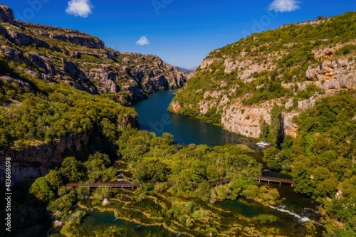 Krka river valley, Krka National Park in Croatia. Aerial drone shot in september 2020