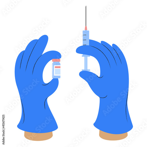 A pair of gloved hands with syringe and a vial of vaccine