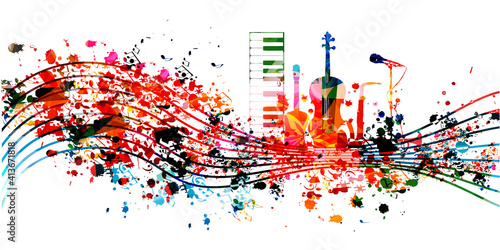 Colorful music promotional poster with musical instruments and notes isolated vector illustration. Artistic abstract background for live concert events, music festivals and shows, party flyer