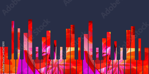 Music promotional poster with multicolored piano keyboard vector illustration. Colorful music background with piano keys for live concert events, music festivals and shows, party flyer