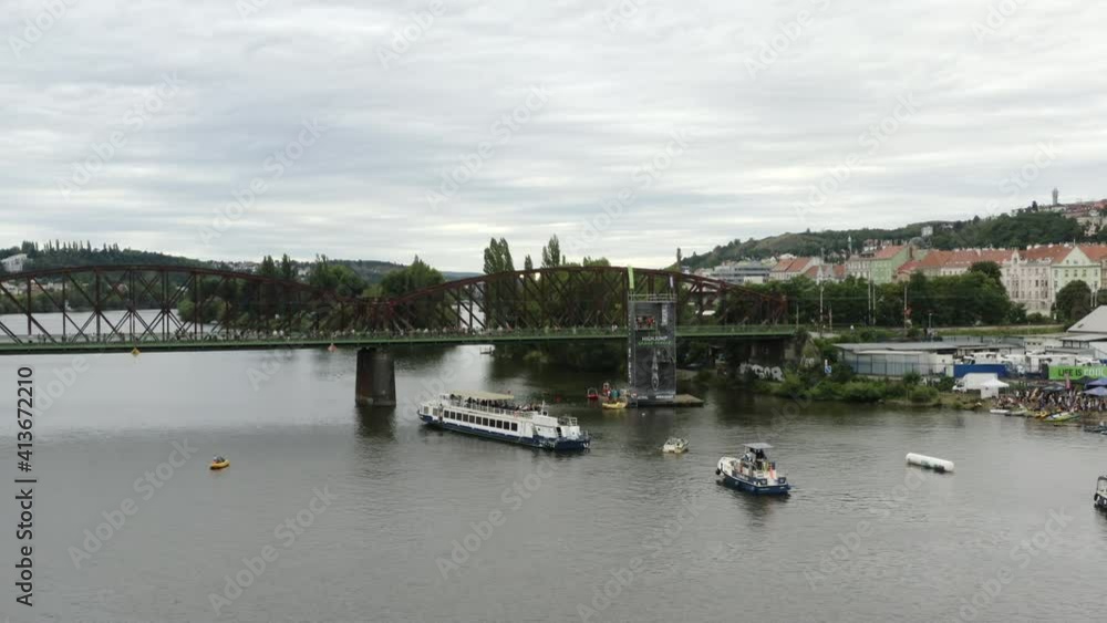 Music festival with boats by a bridge on shore of Vltava river,Prague. Music festival with boats by a bridge on shore of Vltava river,Prague.