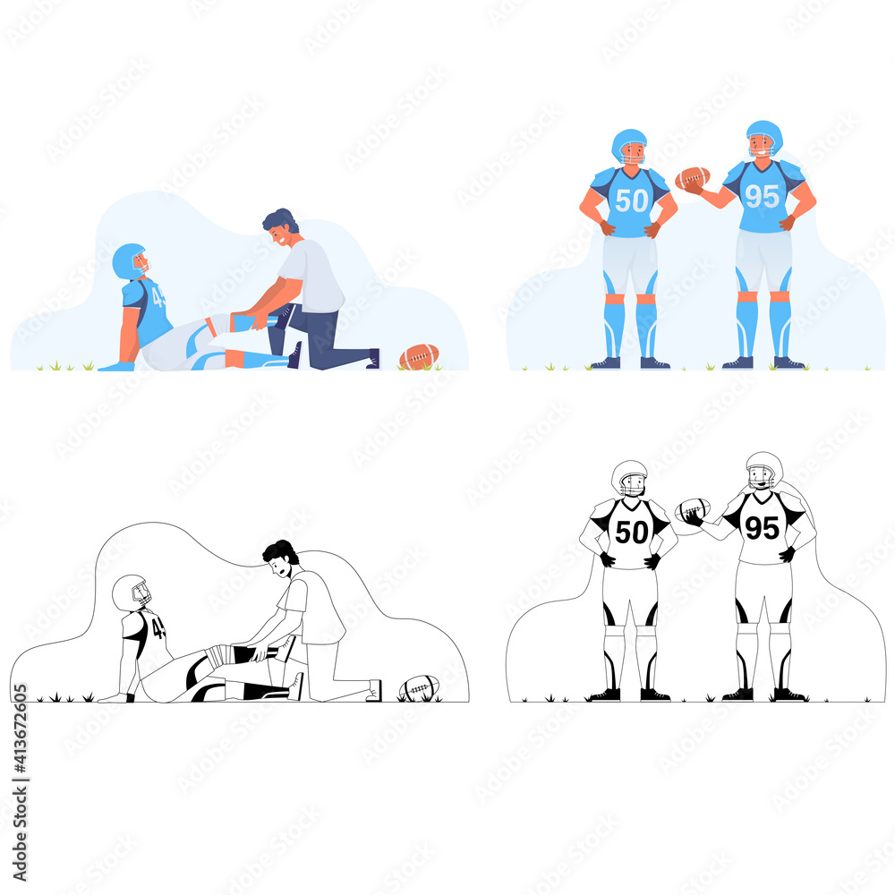 flat and black and white illustration american football on white background. flat illustration Fatal accident american football. doctor on the field american football. vector flat and black and white illustration american football on white background. flat illustration Fatal accident american football. doctor on the field american football. vector