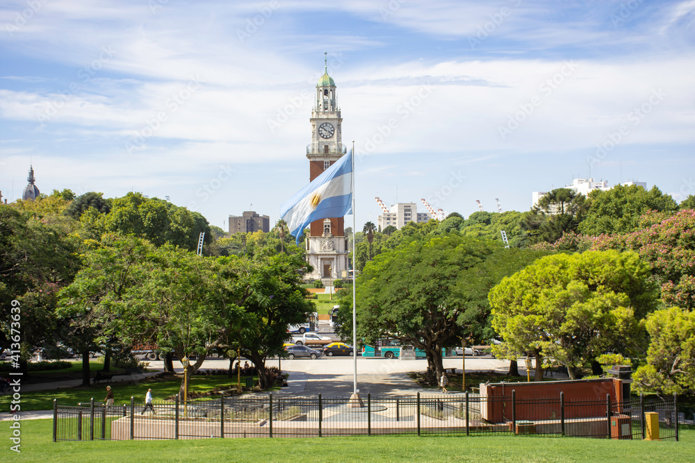 Obraz premium Monumental Tower and Malvinas Memorial seen from General San Martin Plaza. Buenos Aires, Argentina.