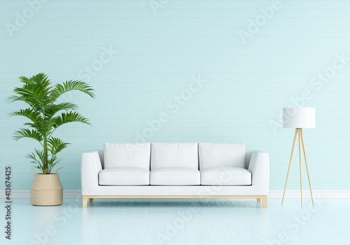 Sofa in blue living room with free space for mockup, 3D rendering