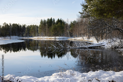 snowy forest and calm lake photo