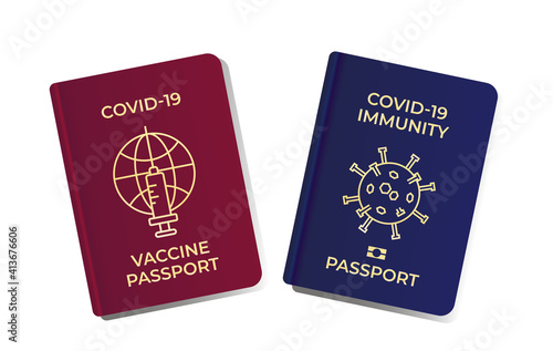 Vaccine passport. Covid-19 immunity document. Vaccination certificate. Unlock the world for travelling and business during coronavirus pandemic. New normal. Vector illustration isolated on white.