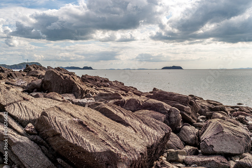 This is Jangbongdo near Incheon Airport in Korea. The beach here has a lot of odd-looking basalt rocks.