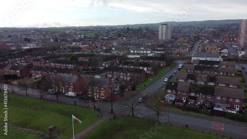 Aerial above Welsh Flint housing estate North Wales town property photo