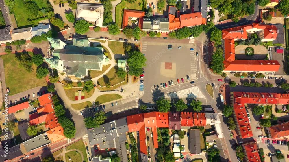 Landscape of the old town from the air with the visible. View on historic buildings on the market. Lowicz, Poland Aerial