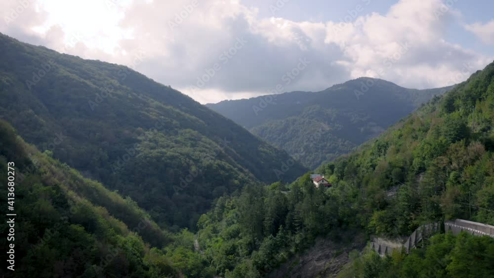 drone shot reveal an artificial lake near Genova, Liguria, Italy. flying backwards drone shot reveal an artificial lake near Genova, Liguria, Italy. flying backwards