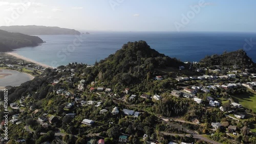 Coromandel Peninsula, New Zealand. Aerial View of Mount Paku and Tairua Beach on Sunny Day Above South Pacific Ocean, Drone Shot photo