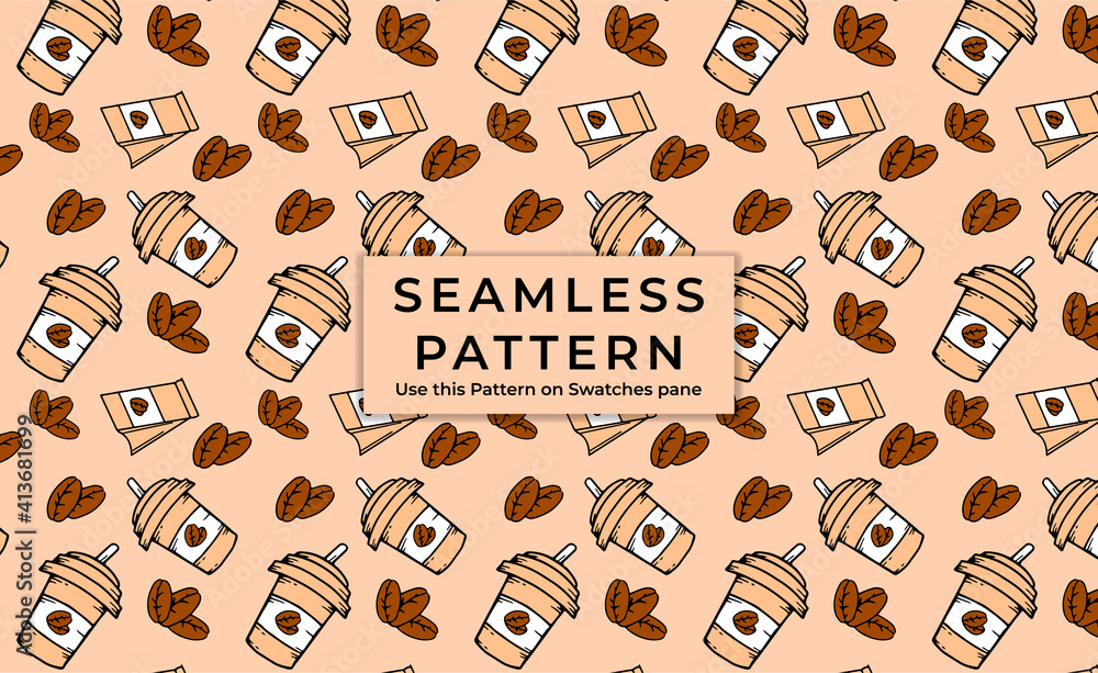 Seamless coffee background with branch of coffee and coffee beans. Hand drawn illustration in sketch style. wallpaper for coffee shop. Seamless coffee background with branch of coffee and coffee beans. Hand drawn illustration in sketch style. wallpaper for coffee shop.