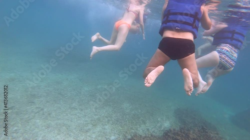 Wallpaper Mural A group of tourists with their bathing suits on is floating, swimming and snorkeling in a turquoise, clear and transparent ocean. Torontodigital.ca