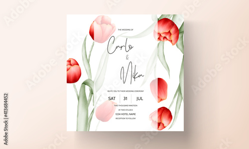 Modern wedding invitation card with red tulip flower #413684452