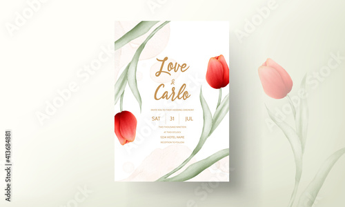 Modern wedding invitation card with red tulip flower