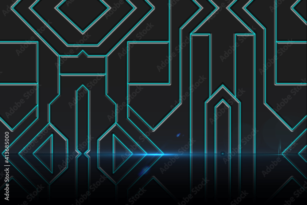 Fototapeta premium Abstract illustration of green neon geometrical shapes against black background