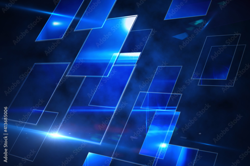 Abstract illustration of blue glowing square shapes and bright spot of light against blue background Abstract illustration of blue glowing square shapes and bright spot of light against blue background
