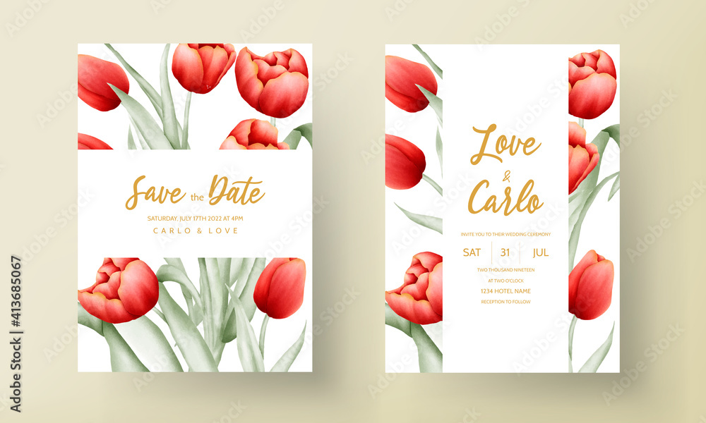 Naklejka premium Modern wedding invitation card with red tulip flower