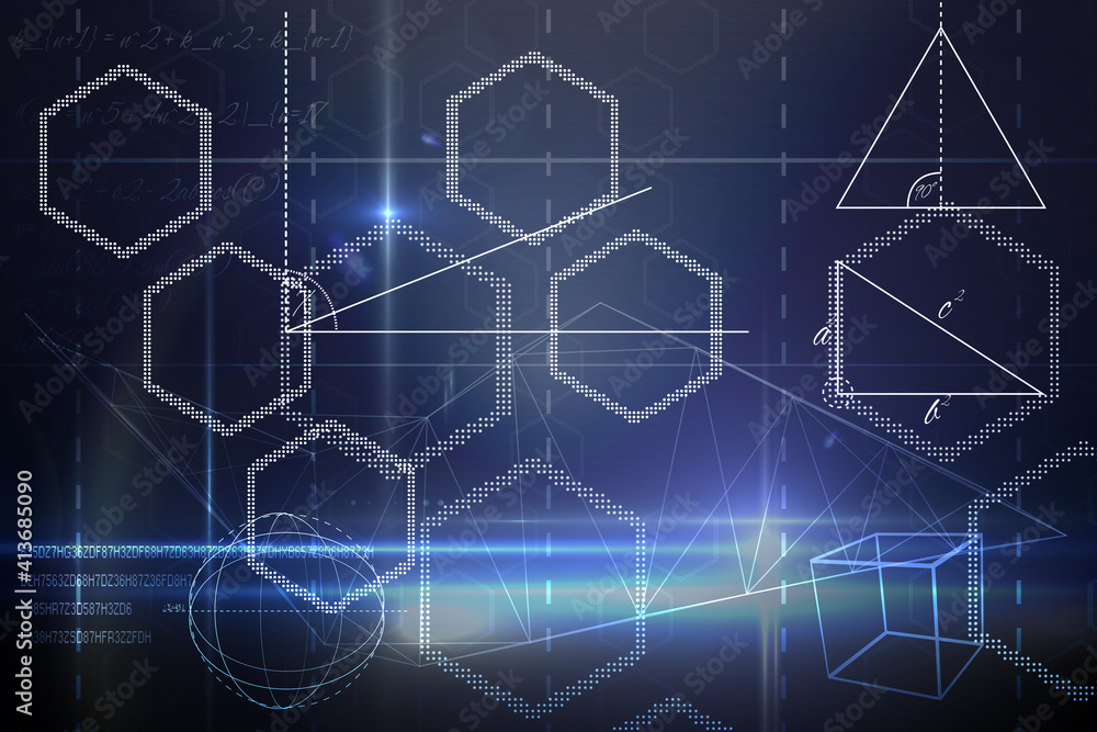 Abstract illustration of multiple white geometrical shapes against blue background Abstract illustration of multiple white geometrical shapes against blue background