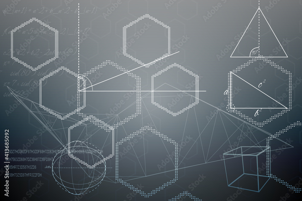 Fototapeta premium Abstract illustration of multiple white geometrical shapes against grey background