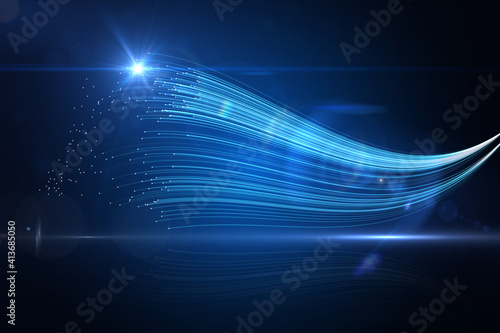 Abstract illustration of blue glowing light trails and bright spot of light against blue background