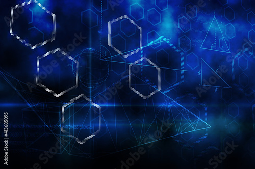 Abstract illustration of multiple white geometrical shapes against blue background