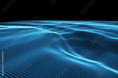 Abstract illustration of glowing blue digital wave against black background photo